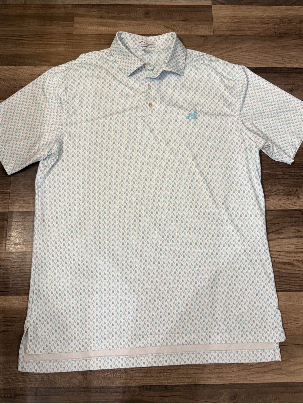 Peter Millar White and Light Blue Skulls Micro-Pattern Polo Mens M